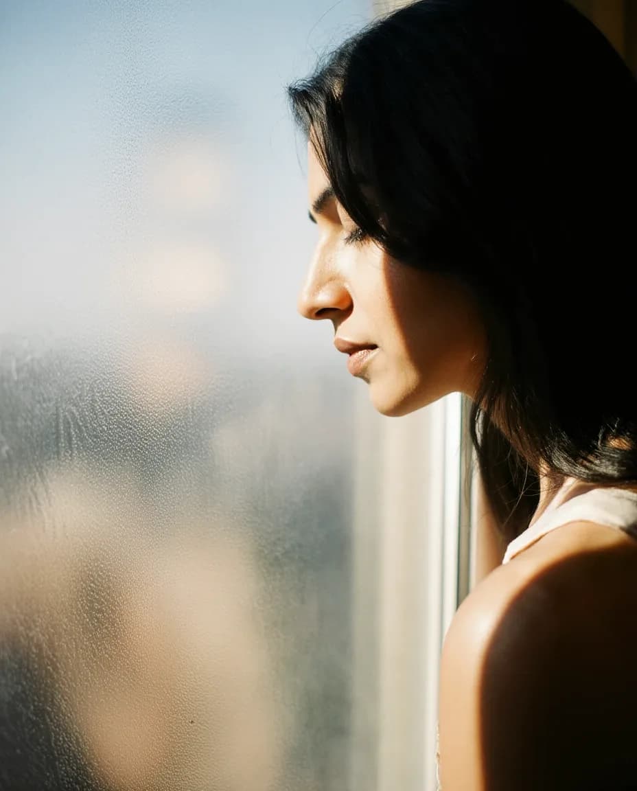 A woman resting her head against a window
