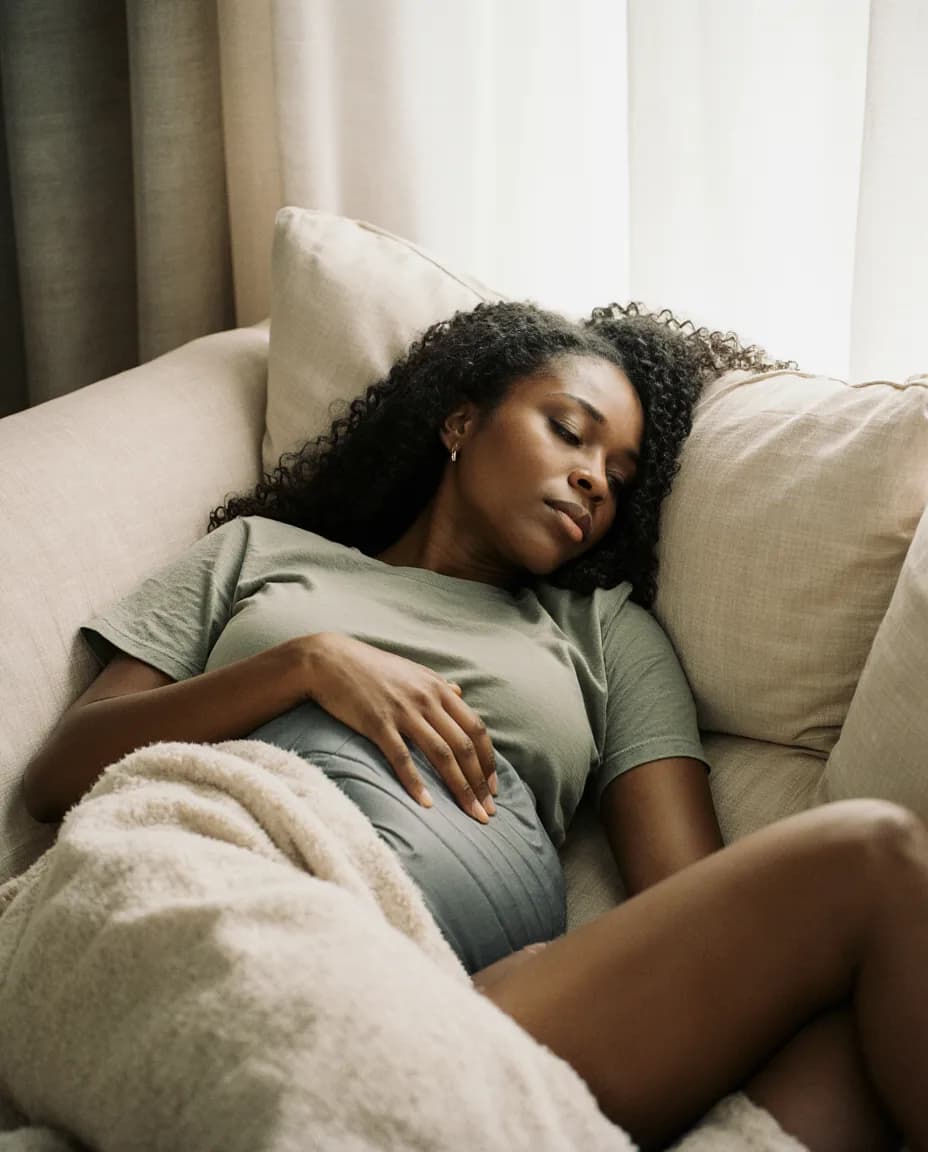 A woman lying on a sofa, holding her stomach